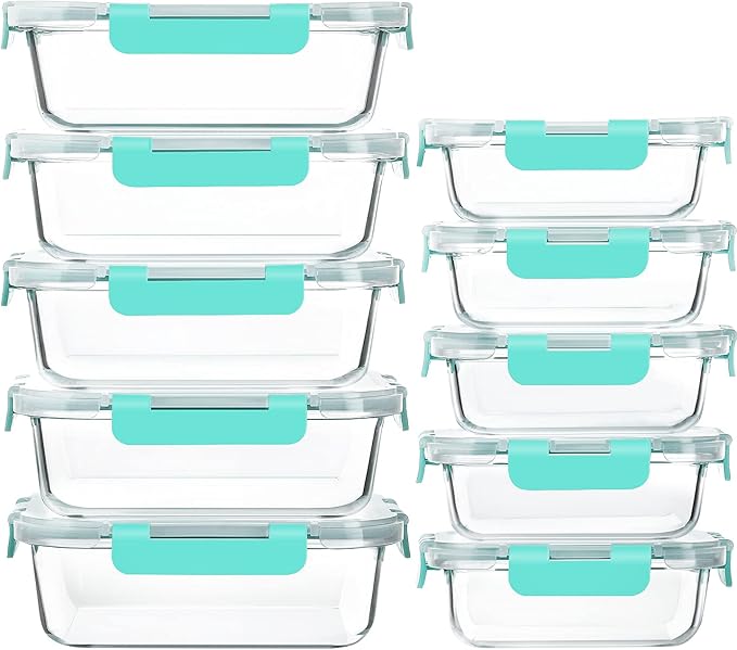 M MCIRCO 10 Pack Glass Food Storage Containers with Lids, Green | Glass Meal Prep Containers,Airtight Lunch Containers with Lids, Microwave, Oven, Freezer and Dishwasher Friendly, BPA Free