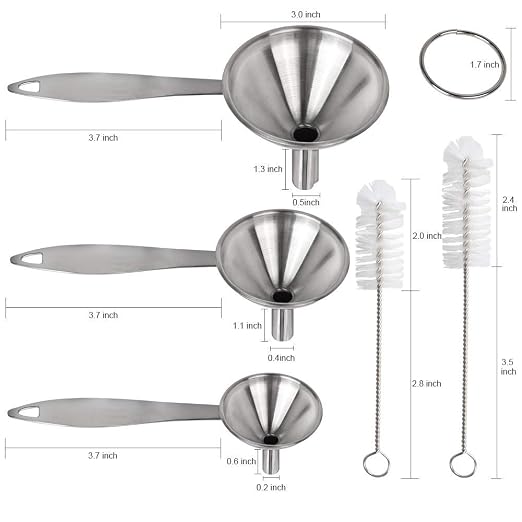 YGDZ Kitchen Funnel for Filling Bottles, 3pcs Metal Stainless Steel Small Mini Funnels for Essential Oils Liquid, Long Handle Funnel Set, 2pcs Cleaning Brushes