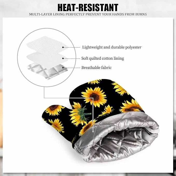 Mxocom Sunflowers Oven Mitts and Pot Holders Sets Flowers, Buds and Leaves on Black Background Silicone Heat Resistant Kitchen Oven Gloves Pot Holder for Cooking