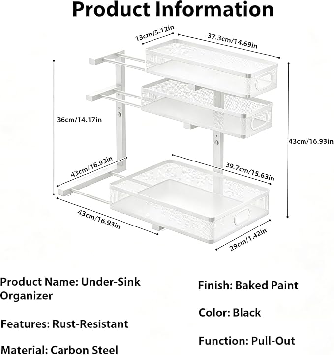 2 Pack Under Sink Organizer, 3-Tier Pull Out Kitchen Cabinet Organizer | 5 Adjustable Heights, Metal Slide Out Bathroom Storage, Makeup Drawer Rack for Bedroom Office Pantry Home Organization, White