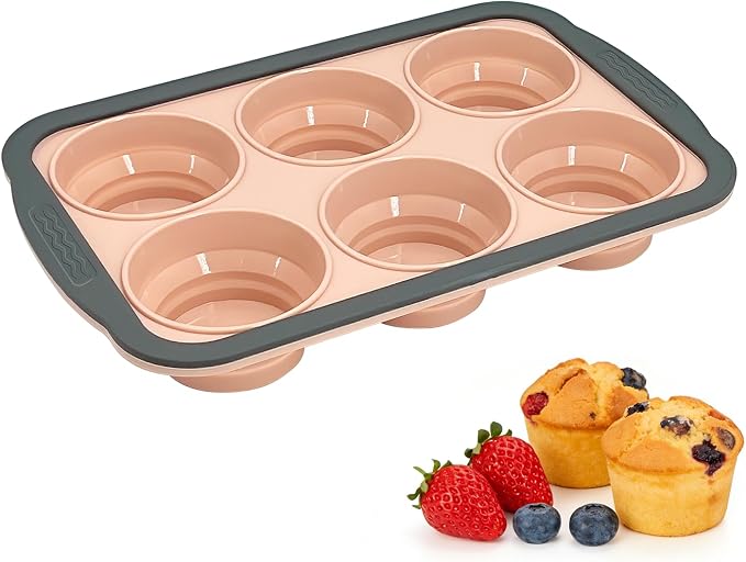 Silicone Muffin Pans for Baking with Metal Frame, 6-Cup Silicone Muffin Pan, Non-BPA Nonstick Coating, Easy Release & Clean, Oven & Dishwasher Safe, Versatile for Baking, Custards & Cupcakes(Pink)