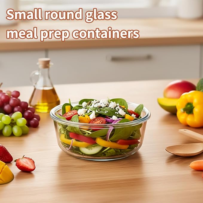 12oz Round Glass Food Containers With Lids, Small Round Glass Meal Prep Containers set,1.5 Cup Small Clear Food Storage Bowls BPA-Free, Microwave, Dishwasher, Freezer Safe（White）