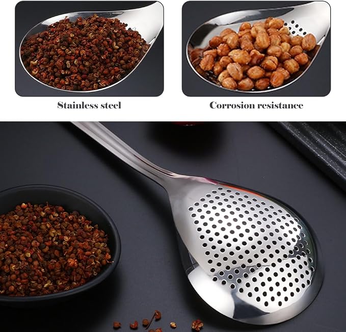 Hemoton Stainless Steel Skimmer Slotted Spoon for Frying and Hot Pot Cooking 13.93 Inch Large Strainer Ladle for Oil Draining and Food Scooping