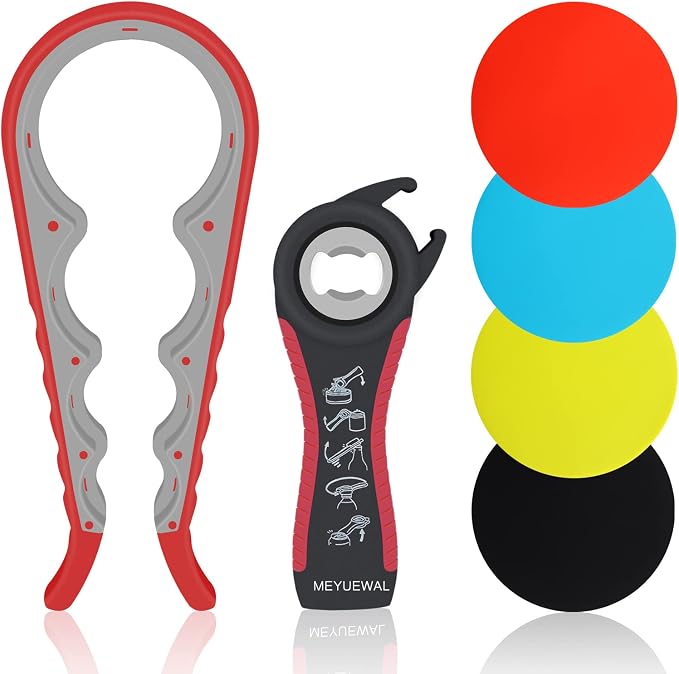 Jar Opener Bottle Opener for Weak Hands, 4&5 in 1 Multifunctional Non-Slip Can Lid Opener Tools with Silicone Jar Gripper Pad for Seniors, Children and Arthritic Hands(6-piece -set)