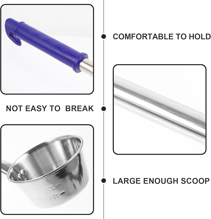 MAGICLULU 15 Inch Long Handle Water Scoop, Stainless Steel Metal Ladle with Blue Grip for Kitchen Cooking, Deep Pot Soup Spoon, Versatile Canning Dipper, Hangable Home Garden Cooking Utensil