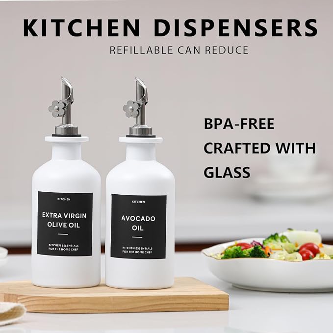 HOMCDALY Olive Oil Dispenser for Kitchen, 12oz Glass kitchen Dispenser Bottle, White Oil&Vinegar Cruet Set, Leakproof Oil Bottle for Cooking| Set of 2 (12oz – White)