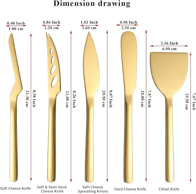 Berglander Gold Cheese Knife Set of 5 for All Types of Cheese, Golden Titanium Plating Cheese Cutter Slicer Ergonomic Design for Confortable Grip and Cut, Butter Spreader Knife