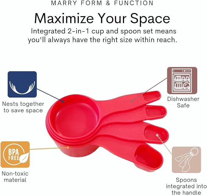 Storage Theory 2-in-1 Measuring Cups & Spoons Set (4-Piece) - Nesting Space-Saving Kitchen Gadget - BPA-Free Food Grade Plastic - Dishwasher Safe for Baking, Cooking, Coffee - Red