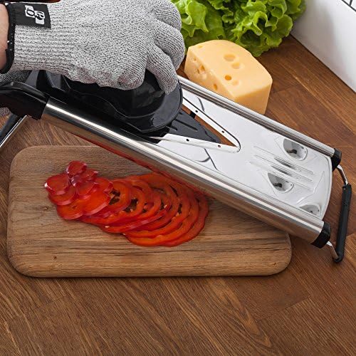 [Improved] V-Blade Mandoline Food Slicer + FREE Cut-Resistant Gloves - Stainless Steel Adjustable Vegetable Mandolin Slicer, Julienne Cutter - Includes 5 Inserts, Food Holder & Blade Guard