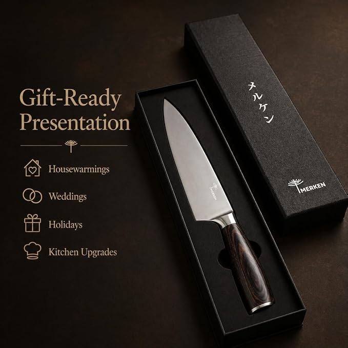 MERKEN 8 Inch Chef Knife, 5Cr15MoV High Carbon Stainless Steel Blade with Pakkawood Handle