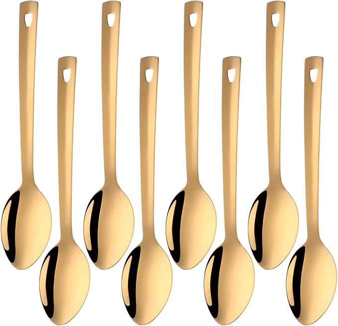 13-Inch Large Stainless Steel Serving Spoons Set, Long Handle Buffet Utensils, Dishwasher Safe (Gold, 8 piece)