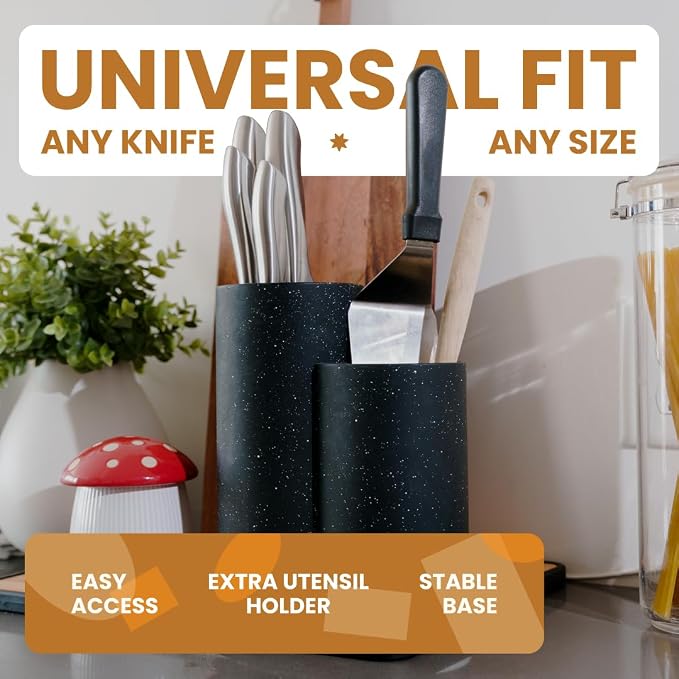 Stilaris Universal Knife Block & Utensil Holder - Dual Slotless Bristle Stand for Chef Knives, Scissors & Spatulas - Weighted Non-Slip Base, Modern Speckled Design, Easy Clean Removable Insert