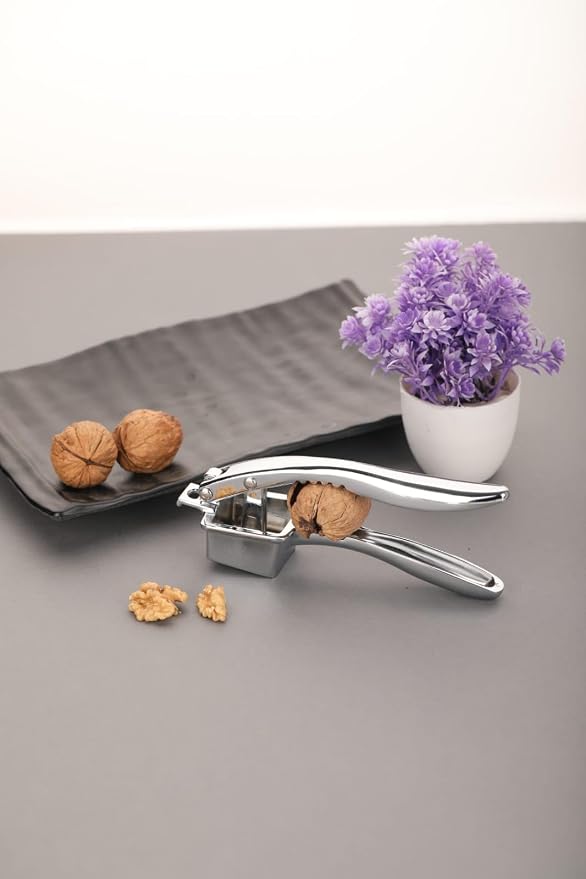 Garlic Press Set, Stainless Steel Garlic Crusher & Mincer Tool with Ergonomic Soft Handle, Easy-Squeeze Design, Includes Silicone Garlic Peeler Tube & Cleaning Brush, Silver
