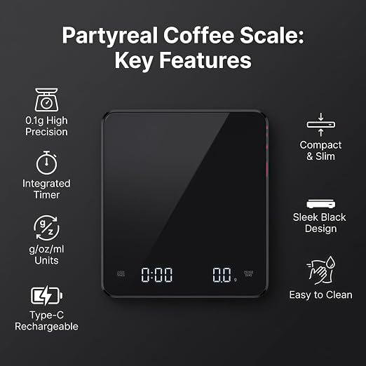 Partyreal Digital Kitchen Coffee Scale, Slim Scale with Tare, g/oz/ml Units, Backlit Display, USB-C Rechargeable (Cable Included) + AAA Backup Power Black