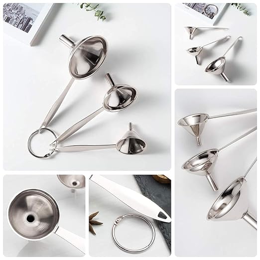3 in 1 Metal Funnels for Filling Bottles Stainless Steel Small Kitchen Funnel Set for Transferring Essential Oils Liquid Fluid Spice Dry Ingredients Powder, Durable (‎Long-Handled Funnel)