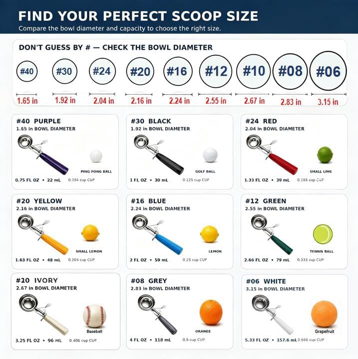 TOPKITCHEN Commercial-Grade Ice Cream Scoop 5.33 oz, 18/8 Stainless Steel Cookie Scoop with Plastic Handle, Portion Control Disher Scoop for Bakeries,Restaurants & Dessert Shops, #6, White