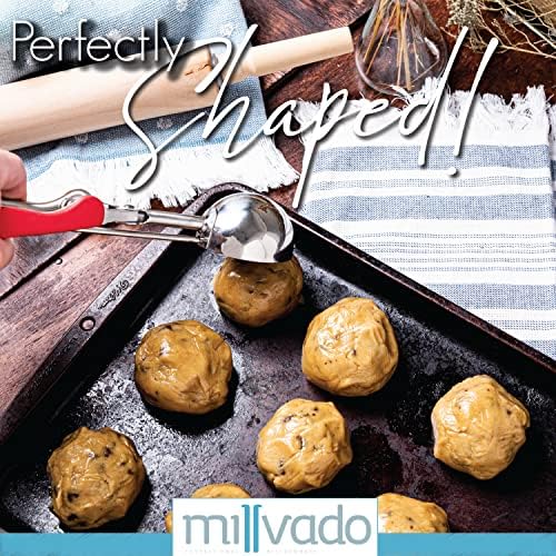 Millvado Stainless Steel Ice Cream and Cookie Scoop | Large Sized, With Red Rubber Grips, Spring Loaded Lever Design, For Sorbet, Melon, Meatballs, Muffins, and More, 3 Ounce Scooper