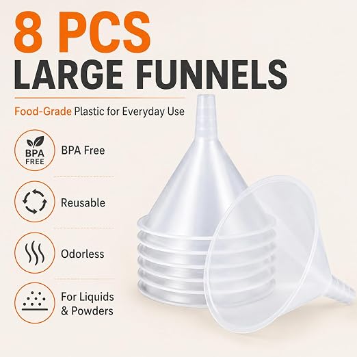 CYEAH 8 Pcs Plastic Funnels, 6 Inch Wide Mouth Large Funnel, Clear Plastic Filter Funnel Liquid Transfer Funnels for Filling Bottles, Liquid, Spices, Powder, Lotion, Oils