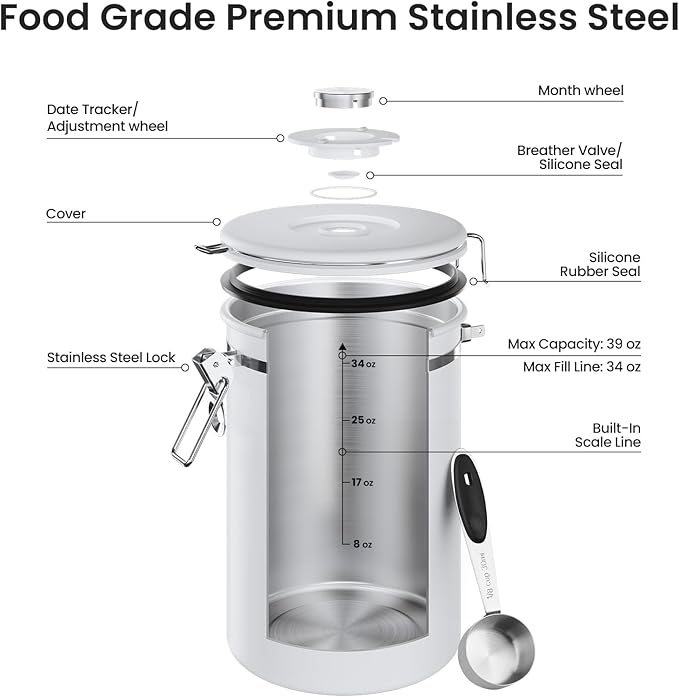 Veken Coffee Canister,39OZ, 2.2lbs,Large Airtight Stainless Steel Container | Date Tracker, Kitchen Food Storage Jars for Beans,Ground, Espresso, Rice,Tea, Sugar, Cereal, Cookie,Gifts, Lids, Scoop, White