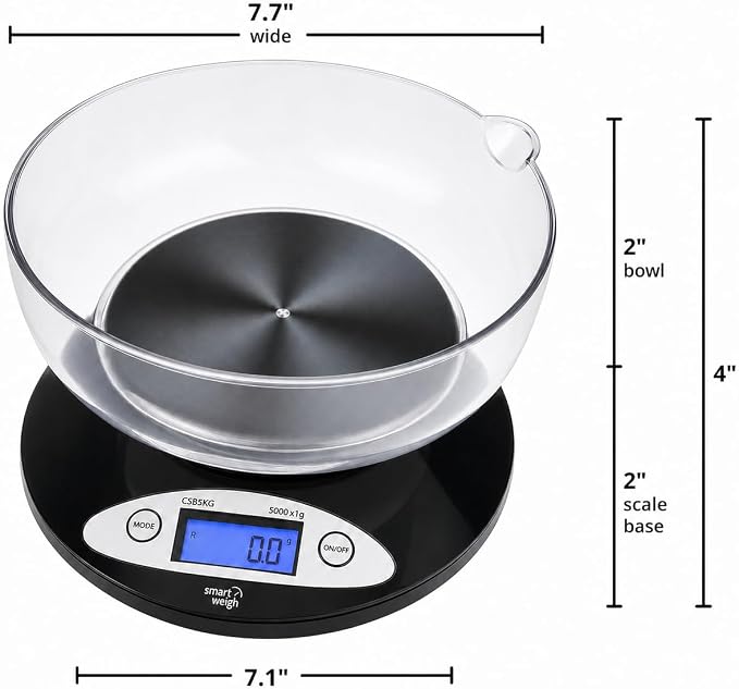 Smart Weigh Digital Kitchen Scale with Removable Bowl – 11lb/5kg Capacity, 0.1oz/1g Precision – High Accuracy Food Scale for Baking, Cooking & Meal Prep (Black)