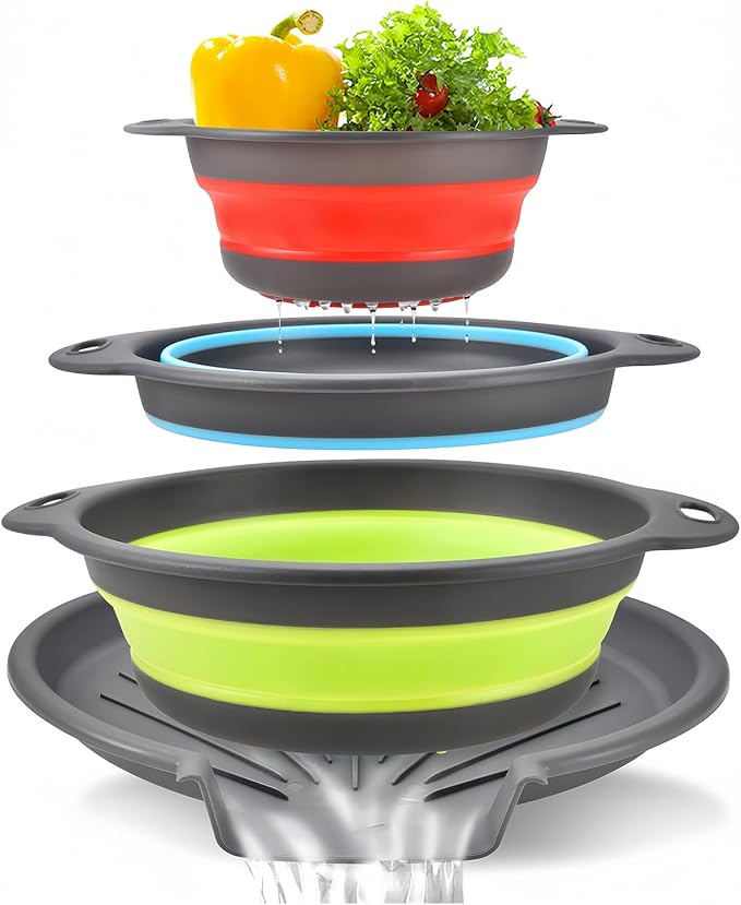 Collapsible Colanders Food Strainers, 3-Pack Foldable Kitchen Strainers with Over-Sink Water Draining Tray, Space Saving Kitchen Drainer for Vegetables, Fruit, Pasta and Rice (Blue-Red-Green-Gray)