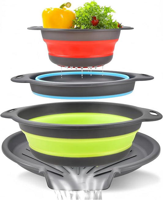 Collapsible Colanders Food Strainers, 3-Pack Foldable Kitchen Strainers with Over-Sink Water Draining Tray, Space Saving Kitchen Drainer for Vegetables, Fruit, Pasta and Rice (Blue-Red-Green-Gray)