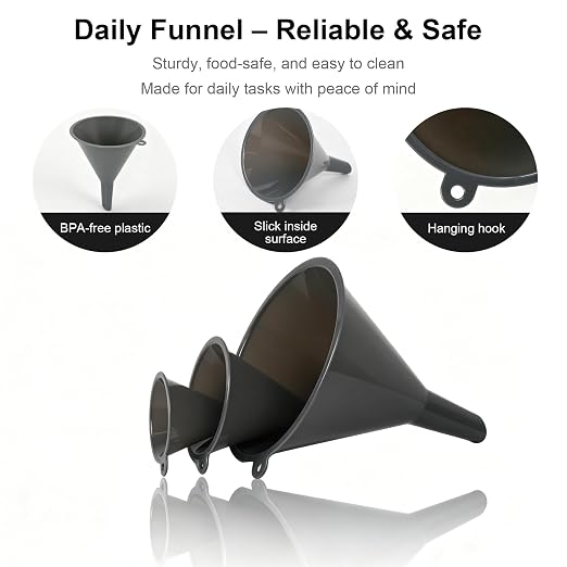 Plastic Kitchen Funnel Set of 3 with Brush – BPA Free Food Grade Funnels for Filling Canning Bottles Oil, Multifunctional for Cooking Lab Automotive, Gray