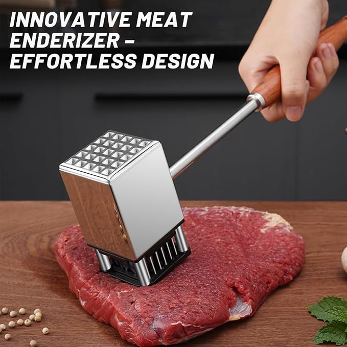 2 in 1 Meat Tenderizer Hammer, Heavy Duty Weighted Stainless Steel Needle Mallet with Non-Slip Natural Rosewood Handle, Easy to Clean Kitchen Tool for Steak Beef Pork Poultry, Ideal Cooking Gift