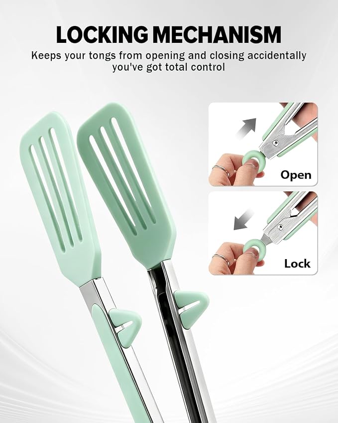 Kitchen Tongs for Cooking, Non Scratch Silicone Tip for Nonstick Cooking Pans, Food Grade Mini Serving Tongs, Pull Lock, Set of 3 (Green, 12 inch)