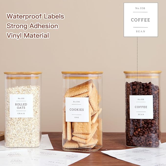 CZZGSM 3 Pack Square Glass Kitchen Storage Jars with Airtight Bamboo Lids and 132 Pantry Labels - 54oz Glass Canisters with Wood Lids - Food Storage for Sugar, Rice, Pasta, Cereal