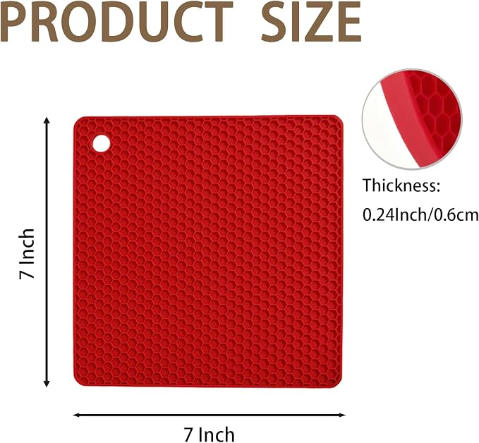 6-Pack Silicone Trivet Mats, Heat Resistant Hot Pads, Dishwasher Safe Kitchen Mats, BPA-Free Pot Holders for Table, Countertop, Stove, Honeycomb Design (Red, 7" Square)