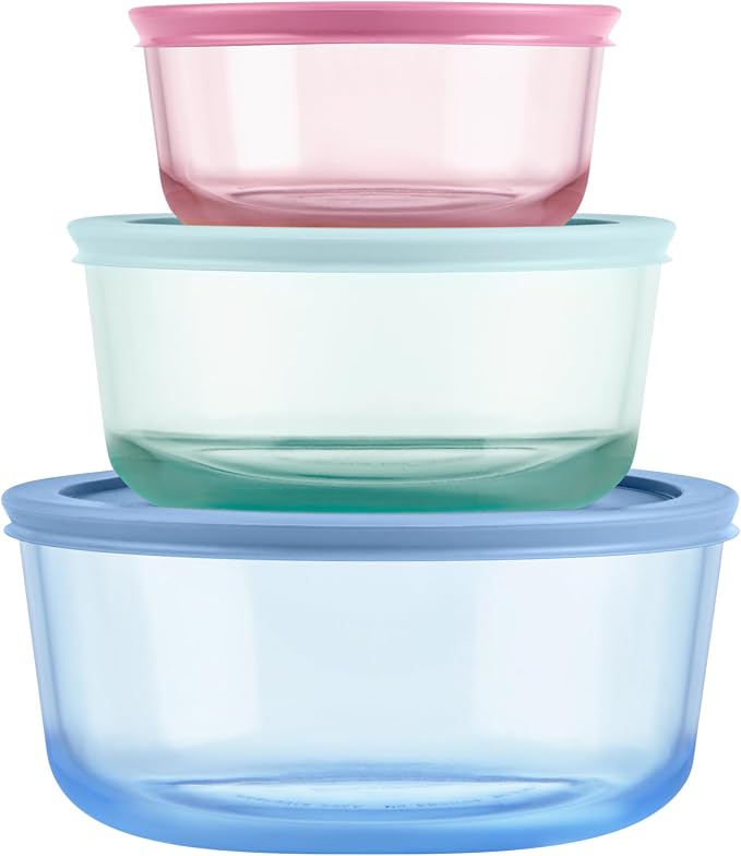 Pyrex Colors (3-Pack, Medium) Tinted Glass Round Food Storage Container Set | Meal prep containers (2, 4 & 7 cup) with snug fit plastic BPA-free lid, freezer, dishwasher, & microwave safe