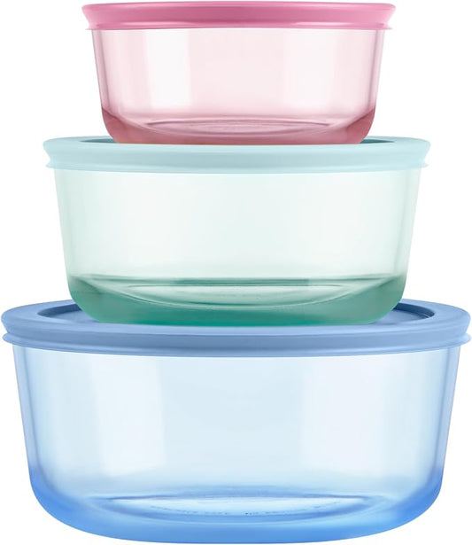 Pyrex Colors (3-Pack, Medium) Tinted Glass Round Food Storage Container Set | Meal prep containers (2, 4 & 7 cup) with snug fit plastic BPA-free lid, freezer, dishwasher, & microwave safe