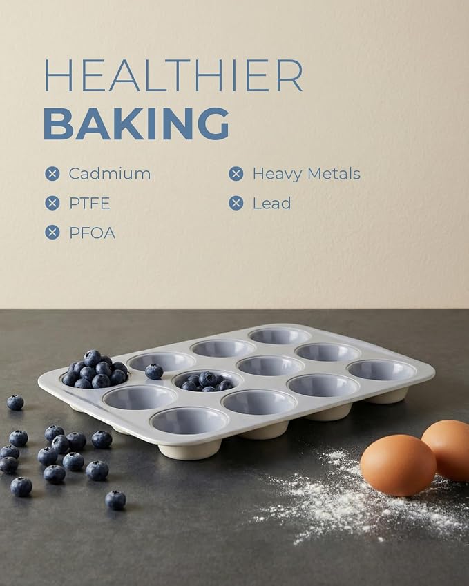 CARTMAN 2-Pack Ceramic Muffin Pan 12 Cup with 200 Cupcake Liners, Non-Stick & Non-Toxic Baking Tin for Healthy Muffins and Cupcakes, Perfect for Home Kitchens and Parties
