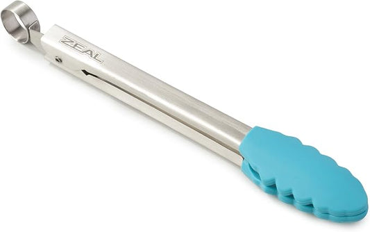 Zeal Silicone Mini Kitchen Cooking Tongs with Stainless Steel Handle – Perfect for Cooking, Grilling, BBQ, Air Fryer, and More, Heat-Resistant, BPA-Free, and Easy-to-Clean, 20cm, Aqua Blue