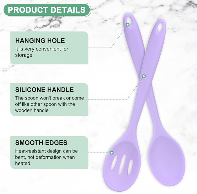 M METERXITY 2-Pack Purple Silicone Cooking Spoons, 10.6" Mixing Nonstick Slotted and Solid Serving Spoons, Heat Resistant Utensils