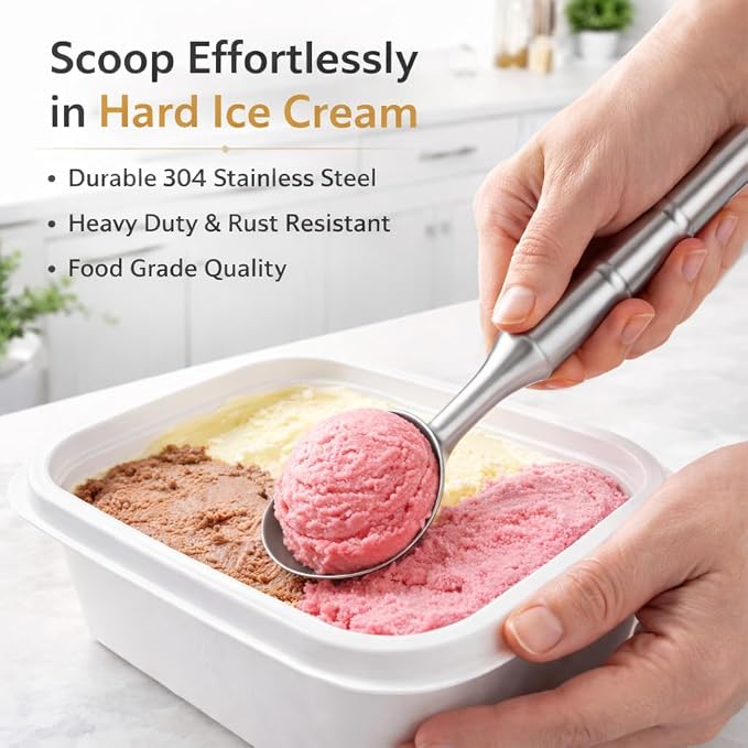 Stainless Steel Ice Cream Scoop, Heavy Duty Ice Cream Scooper with Ergonomic Grip, 100% Dishwasher Safe One-Piece Metal Scoop for Hard Ice Cream, Gelato & Cookie Dough