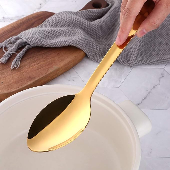 6 Pcs Gold Large Serving Spoon, Stainless Steel Titanium Plated Serving Spoons Set Mirror Finish for Elegant Buffet Banquet Party Holiday Dinner serving, Dishwasher Safe(13 inches/33.2cm)