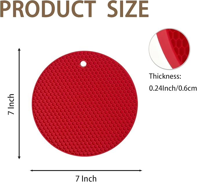 6-Pack Silicone Trivet Mats, Heat Resistant Hot Pads, Dishwasher Safe Kitchen Mats, BPA-Free Pot Holders for Table, Countertop, Stove, Honeycomb Design (Red, 7“ Round)