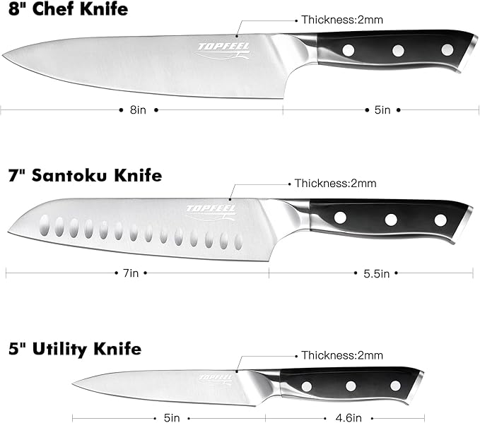 Topfeel Professional Chef Knife Set Sharp Knife, German High Carbon Stainless Steel Kitchen Knife Set 3 PCS-8" Chefs Knife &7" Santoku Knife&5" Utility Knife, Knives Set for Kitchen