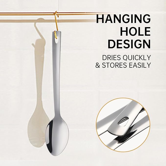 13-Inch Large Stainless Steel Serving Spoons Set, Long Handle Buffet Utensils, Dishwasher Safe (Silver, 6 piece)