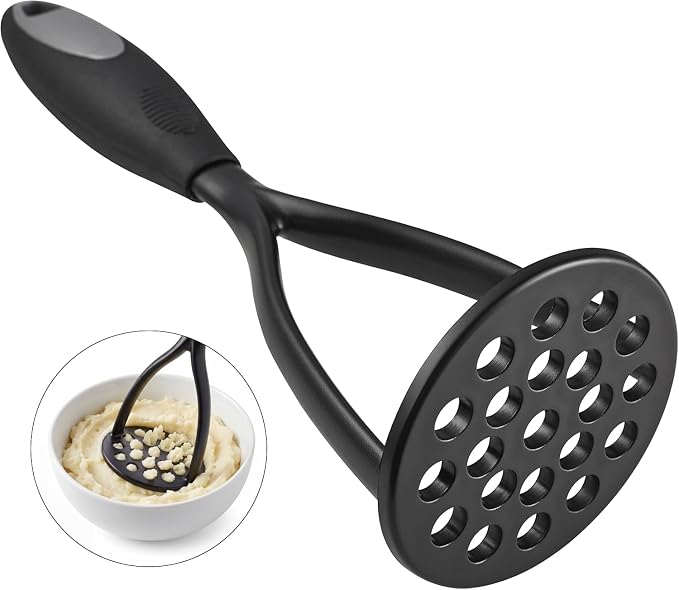 KSENDALO Potato Masher - Non-Scratch Food Masher Kitchen Tool with Thick Nylon Blade, Manual Mashing for Vegetables/Beans, Home Kitchen Essential, Black