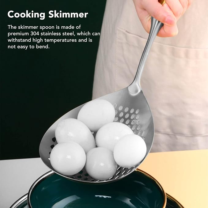 Skimmer Ladle, 304 Stainless Steel Slotted Spoon, Long Handle, Large Capacity, 15.7x5.7 Inch, Silver