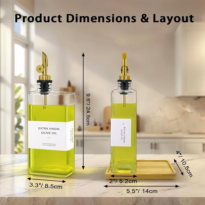 Olive Oil Dispenser Bottle for Kitchen with Bamboo Tray- Glass Oil & Vinegar Dispenser Set 16.9oz, Olive Oil Cruet, Elegant Kitchen Gift for Home Cooks(Clear, Set of 2)