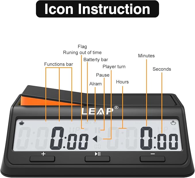 LEAP Chess Clock Digital Chess Timer Advanced for Board Game and Chess Timer with Bonus & Delay Count Down up Alarm Black/Orange