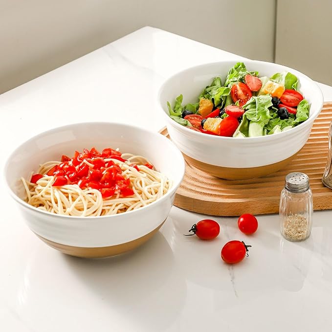 HASENSE Large Ceramic Serving Bowls Set of 2, 60 Oz 8.5 Inch White & Terracotta Stoneware Bowls, Farmhouse Bowls for Salad, Soup & Pasta, Dishwasher & Microwave Safe, Christmas Entertaining Dishes