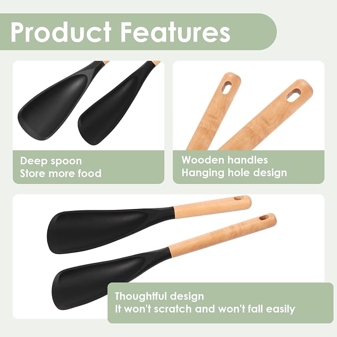 8Pack Silicone Cooking Spoons, Wooden Handle Spatula Spoon for Non-Stick Cookware, Black 4 Large 4 Small Heat Resistant Kitchen Utensils for Stirring, Scooping, Scraping, Dishwasher Safe