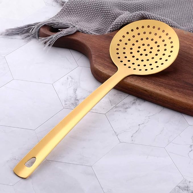 Skimmer Spoon, BuyGo Gold Slotted Spoon Strainer Ladle Stainless Steel Cooking Utensil, Comfortable Grip Design