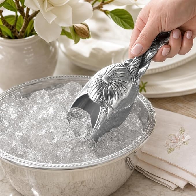 Arthur Court Magnolia Ice Scoop - Premium Sand Casted Aluminum - Elegant Ice Serving Tool - 8" Long