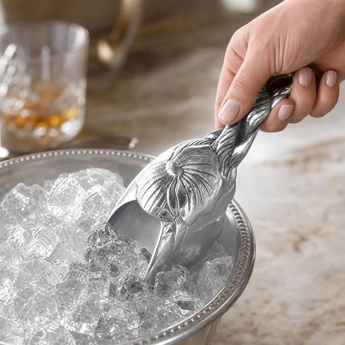 Arthur Court Magnolia Ice Scoop - Premium Sand Casted Aluminum - Elegant Ice Serving Tool - 8" Long